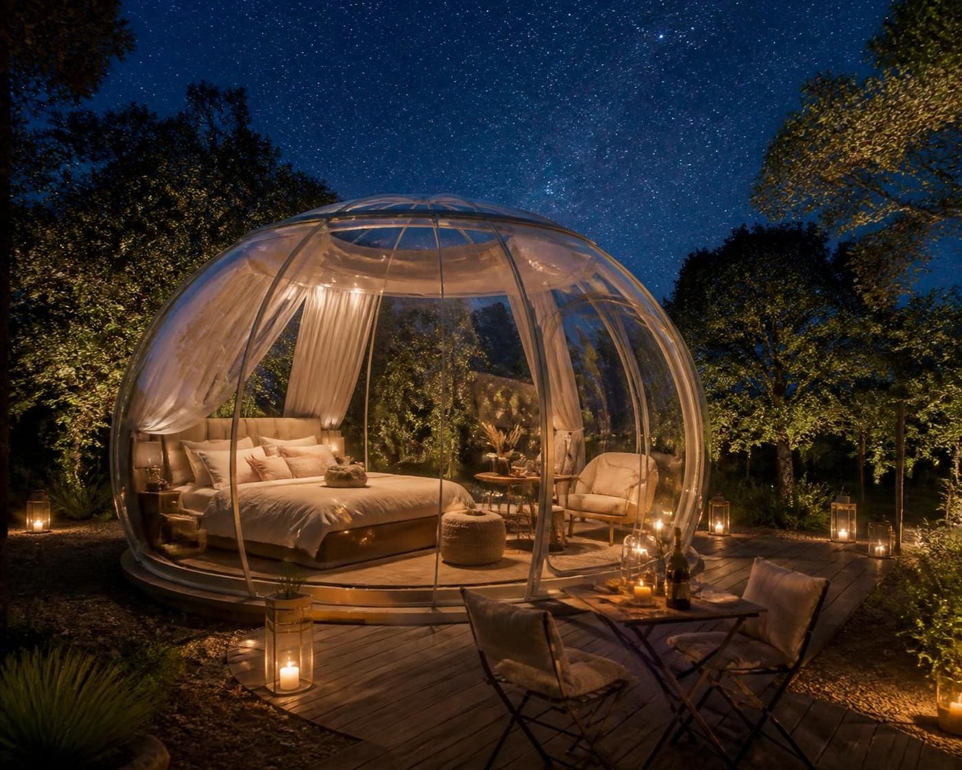 découvrez une expérience unique en vendée en séjournant dans une maison d'hôte insolite sous une bulle transparente, alliant confort et immersion nature.