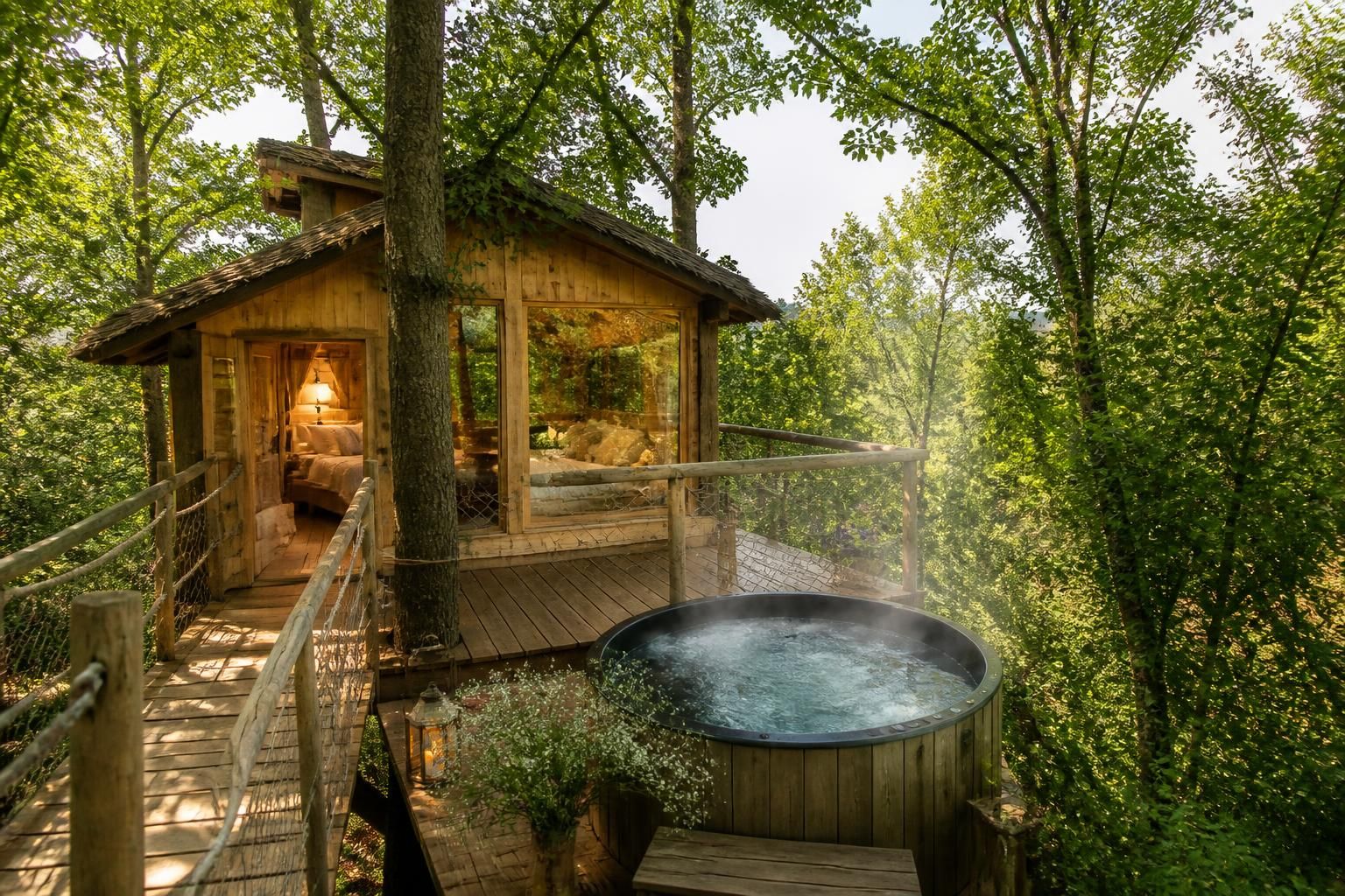 découvrez une expérience unique en vendée avec une cabane dans les arbres équipée d'un jacuzzi, idéale pour un séjour insolite alliant nature et confort.