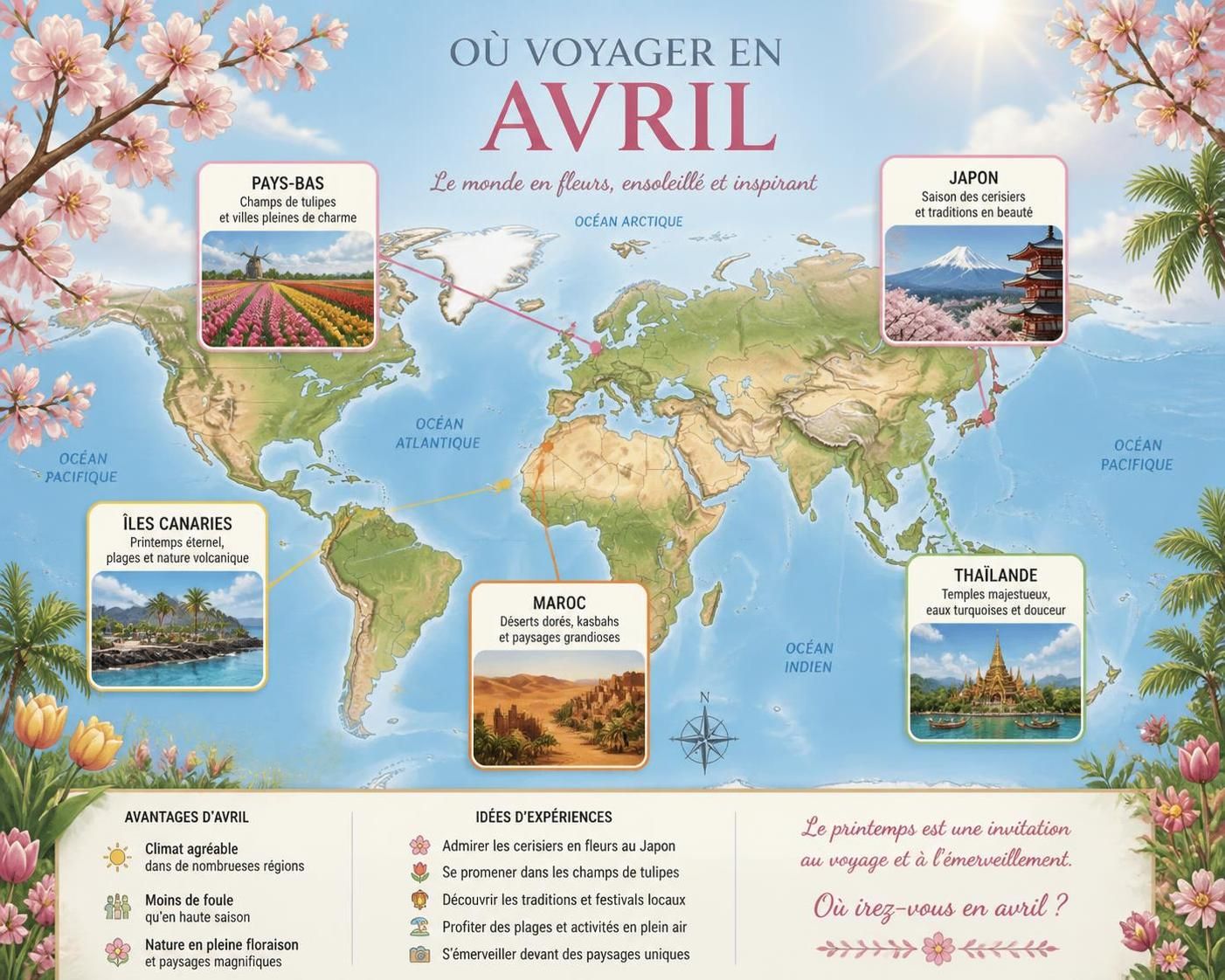 découvrez les meilleures destinations pour voyager en avril 2026 et profitez d'un séjour inoubliable entre soleil, culture et découvertes.